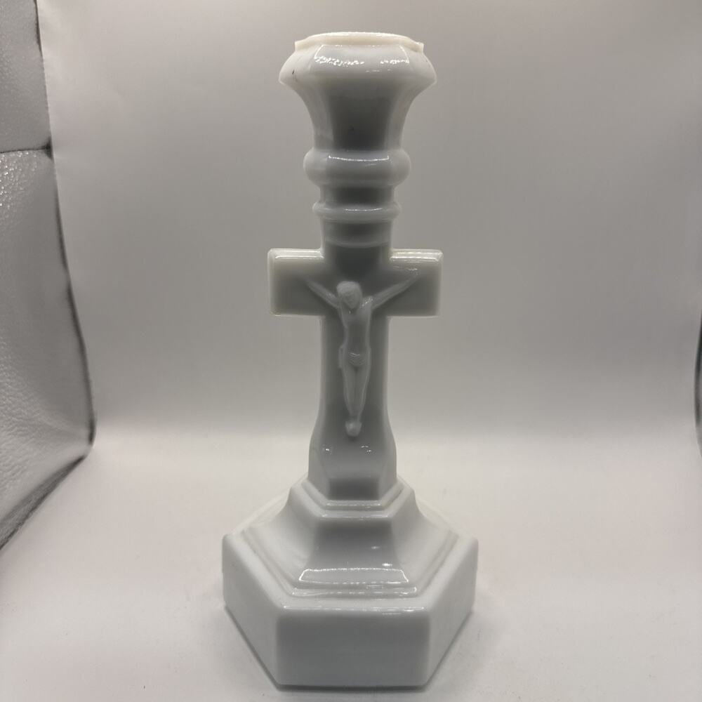 VTG Pressed Milk Glass, Crucifix Candlestick Holder 6 Sided Base *